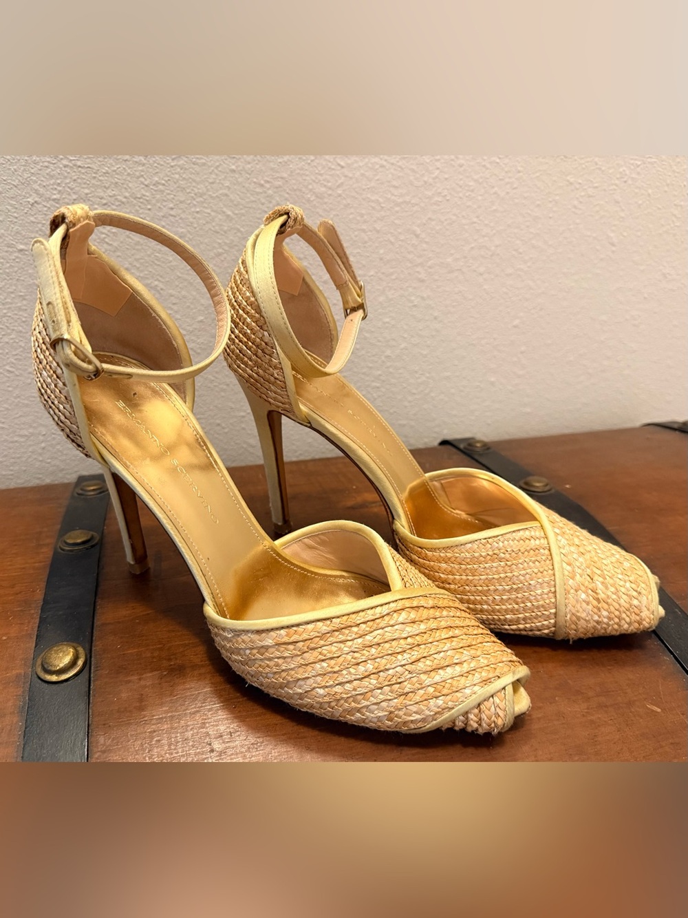 Ermanno Scervino Woven Peep-Toe Ankle-Strap Heels in Golden Yellow Satin Trim